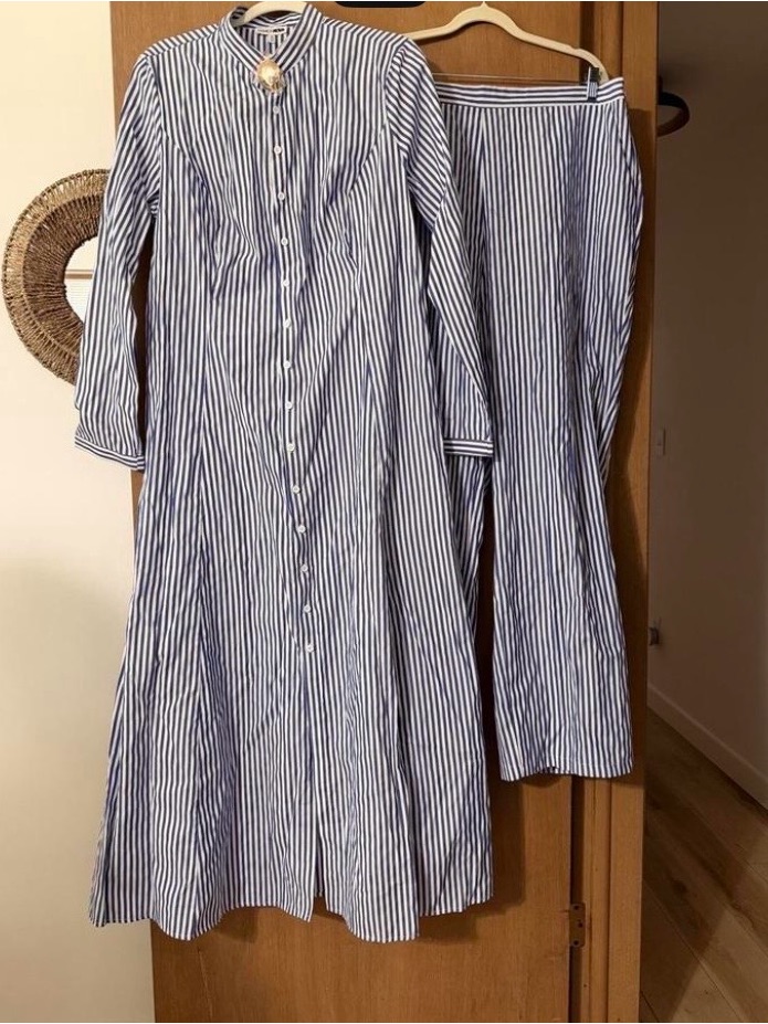 Brand New Striped Blue And White Button-Front Maxi Shirt/Dress Set With Pants
